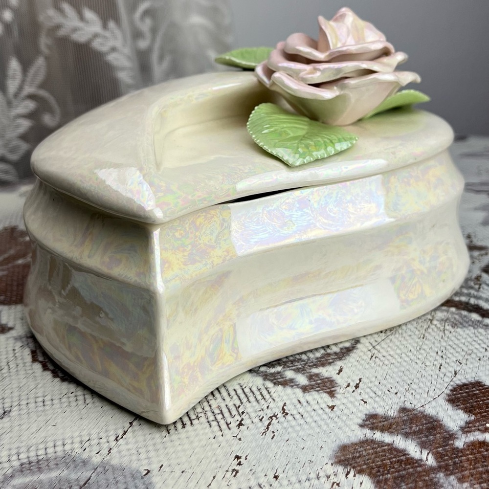 Vintage iridescent glazed ceramic teardrop lidded dish with sculptured rose